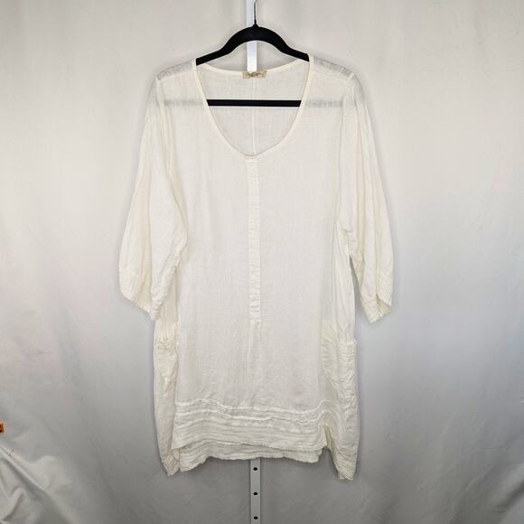 Italian Linen 1X White Tunic Dress Boho Minimalist Lagenlook Coastal Vacation - Picture 1 of 12